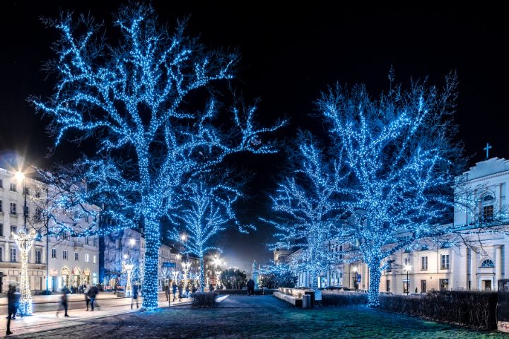 En hyggelig lille gade i Polen pyntet med juletræer oplyst af blå lys, der skaber en rolig og magisk julestemning.